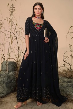 Dark Blue Georgette Sequins Embroidered Festive Wear Salwar Kameez