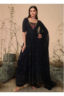 Dark Blue Georgette Sequins Embroidered Festive Wear Salwar Kameez