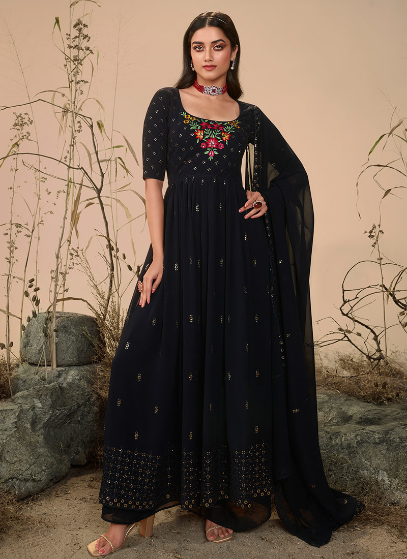 Dark Blue Georgette Sequins Embroidered Festive Wear Salwar Kameez