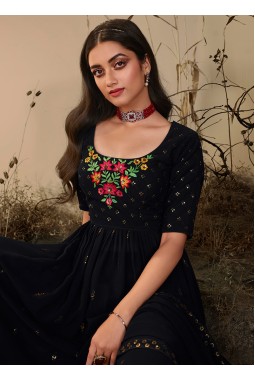 Black Georgette Thread Embroidered Festive Wear Salwar Kameez