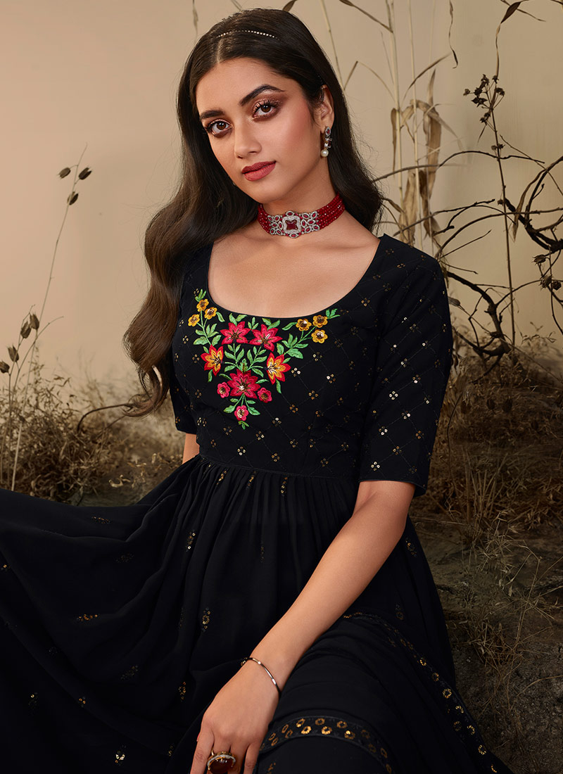 Black Georgette Thread Embroidered Festive Wear Salwar Kameez