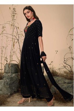Black Georgette Thread Embroidered Festive Wear Salwar Kameez