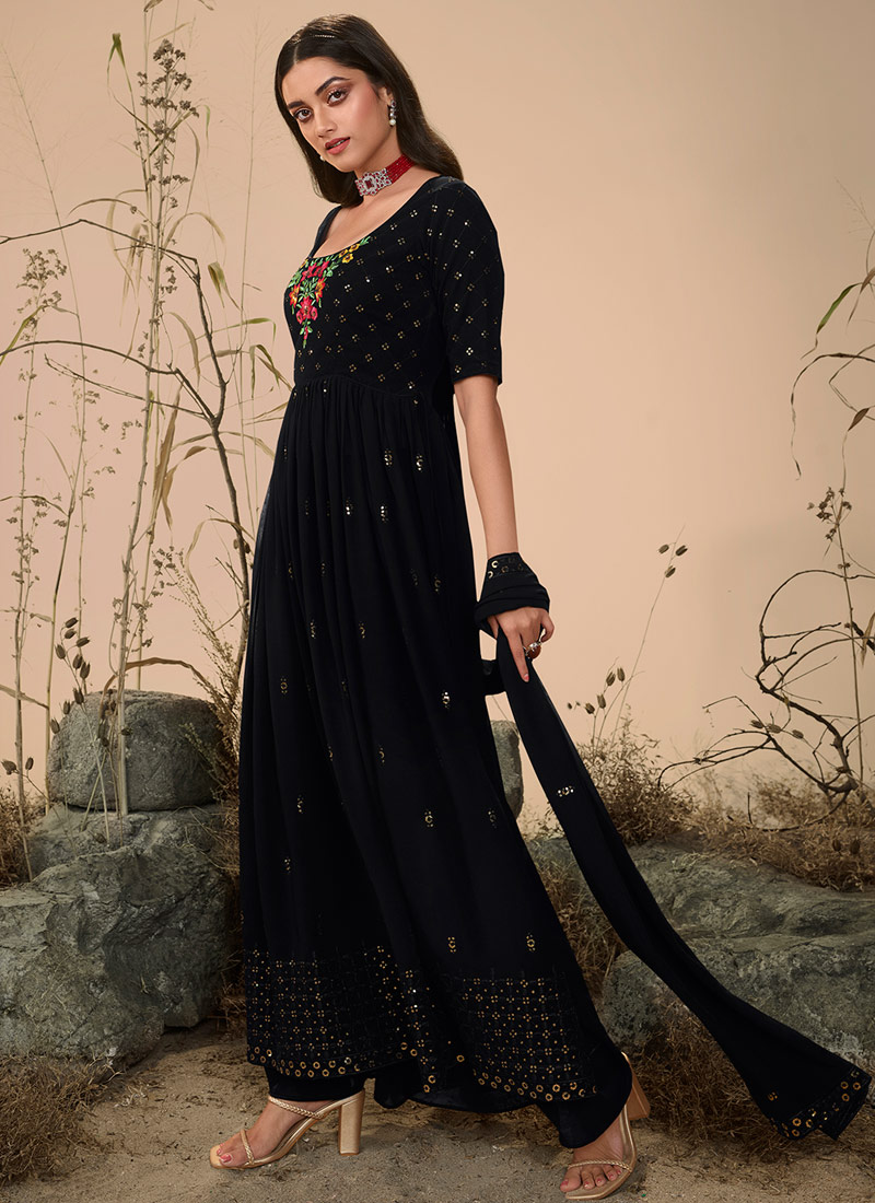 Black Georgette Thread Embroidered Festive Wear Salwar Kameez