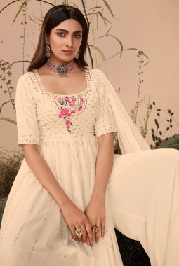 Off White Georgette Embroidered Festive Wear Salwar Kameez
