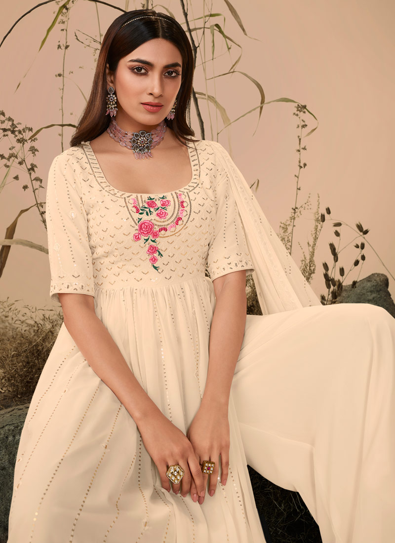 Off White Georgette Embroidered Festive Wear Salwar Kameez