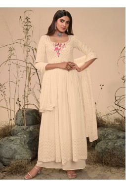Off White Georgette Embroidered Festive Wear Salwar Kameez