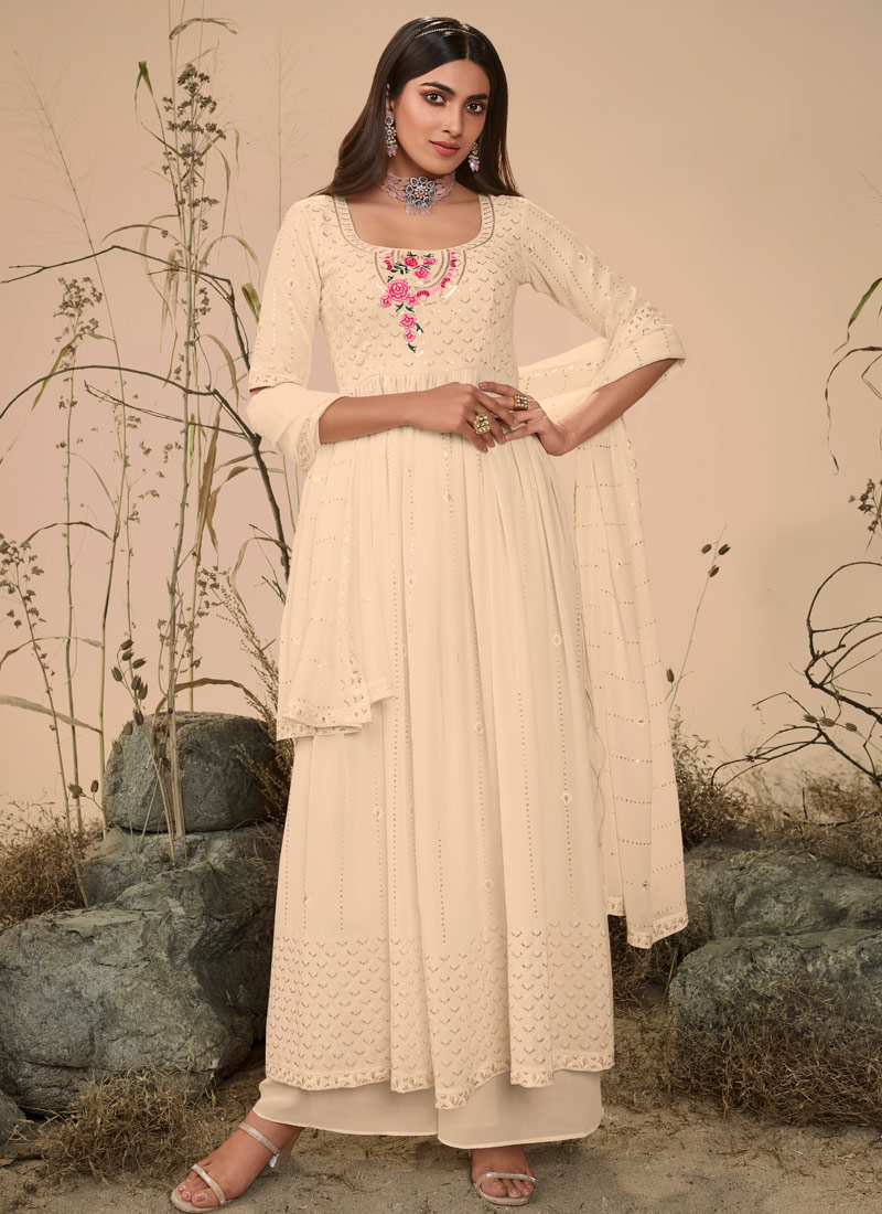 Off White Georgette Embroidered Festive Wear Salwar Kameez