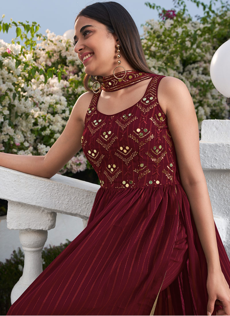 Maroon Georgette Sequins Embroidered Festive Wear Salwar Kameez