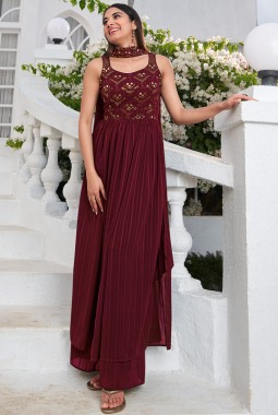 Maroon Georgette Sequins Embroidered Festive Wear Salwar Kameez