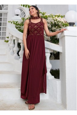 Maroon Georgette Sequins Embroidered Festive Wear Salwar Kameez