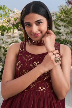 Maroon Georgette Sequins Embroidered Festive Wear Salwar Kameez