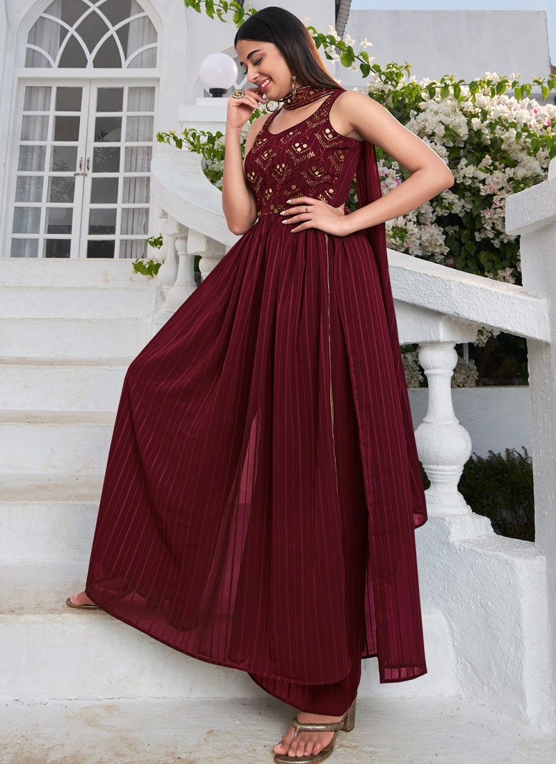 Maroon Georgette Sequins Embroidered Festive Wear Salwar Kameez