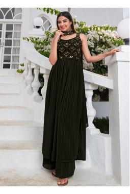 Olive Georgette Thread Embroidered Festive Wear Salwar Kameez