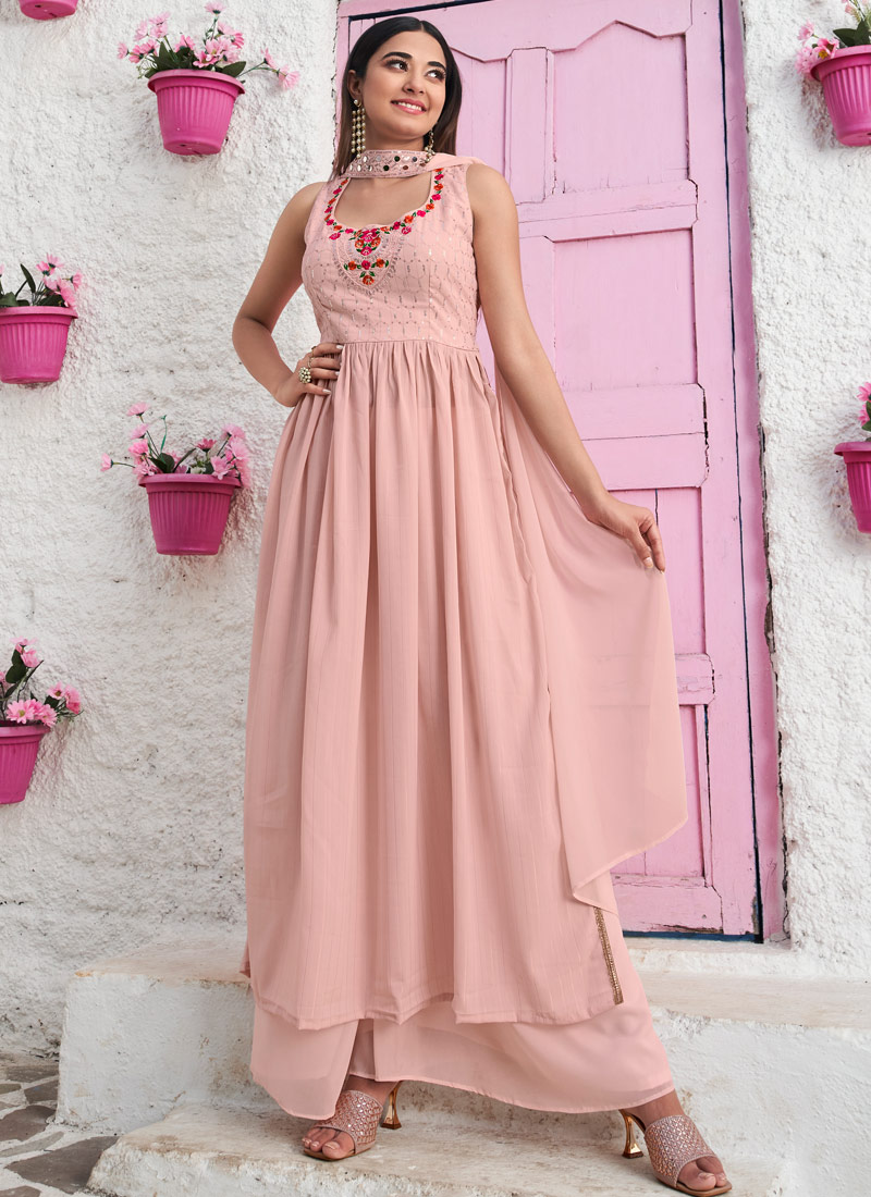 Peach Georgette Sequins Embroidered Festive Wear Salwar Kameez