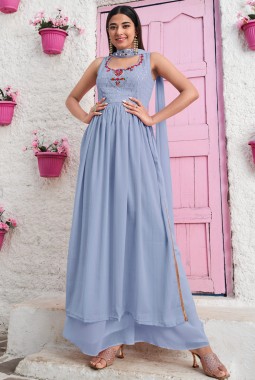 Sky Georgette Thread Embroidered Festive Wear Salwar Kameez