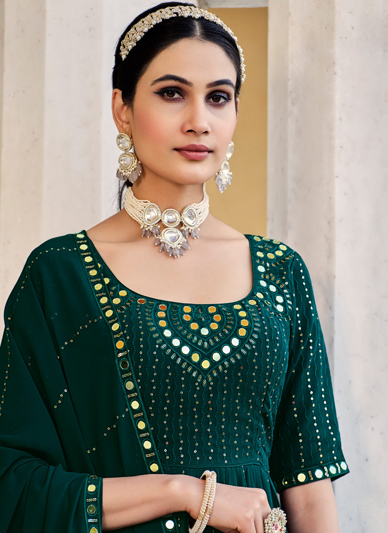 Green Georgette Sequins Embroidered Festive Wear Salwar Kameez