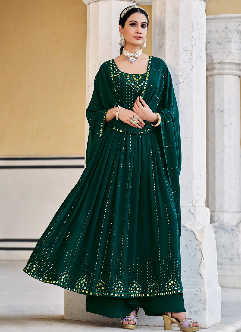 Green Georgette Sequins Embroidered Festive Wear Salwar Kameez