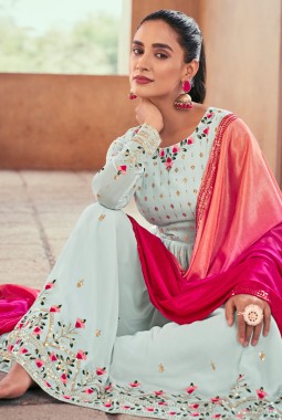 Sky Georgette Mirror Work Embroidered Festive Wear Salwar Kameez