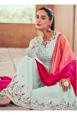 Sky Georgette Mirror Work Embroidered Festive Wear Salwar Kameez