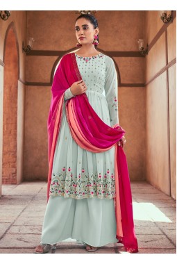 Sky Georgette Mirror Work Embroidered Festive Wear Salwar Kameez