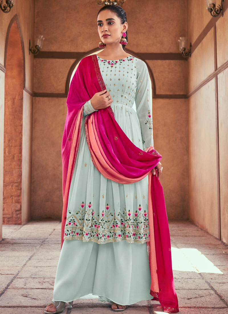 Sky Georgette Mirror Work Embroidered Festive Wear Salwar Kameez