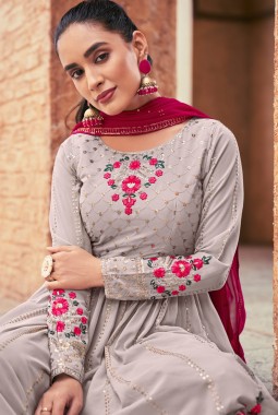 Grey Georgette Mirror Work Festive Wear Salwar Kameez