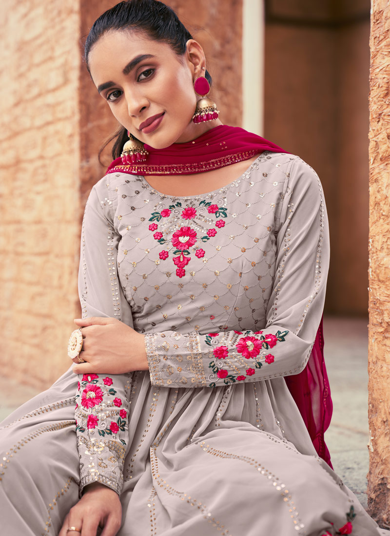 Grey Georgette Mirror Work Festive Wear Salwar Kameez