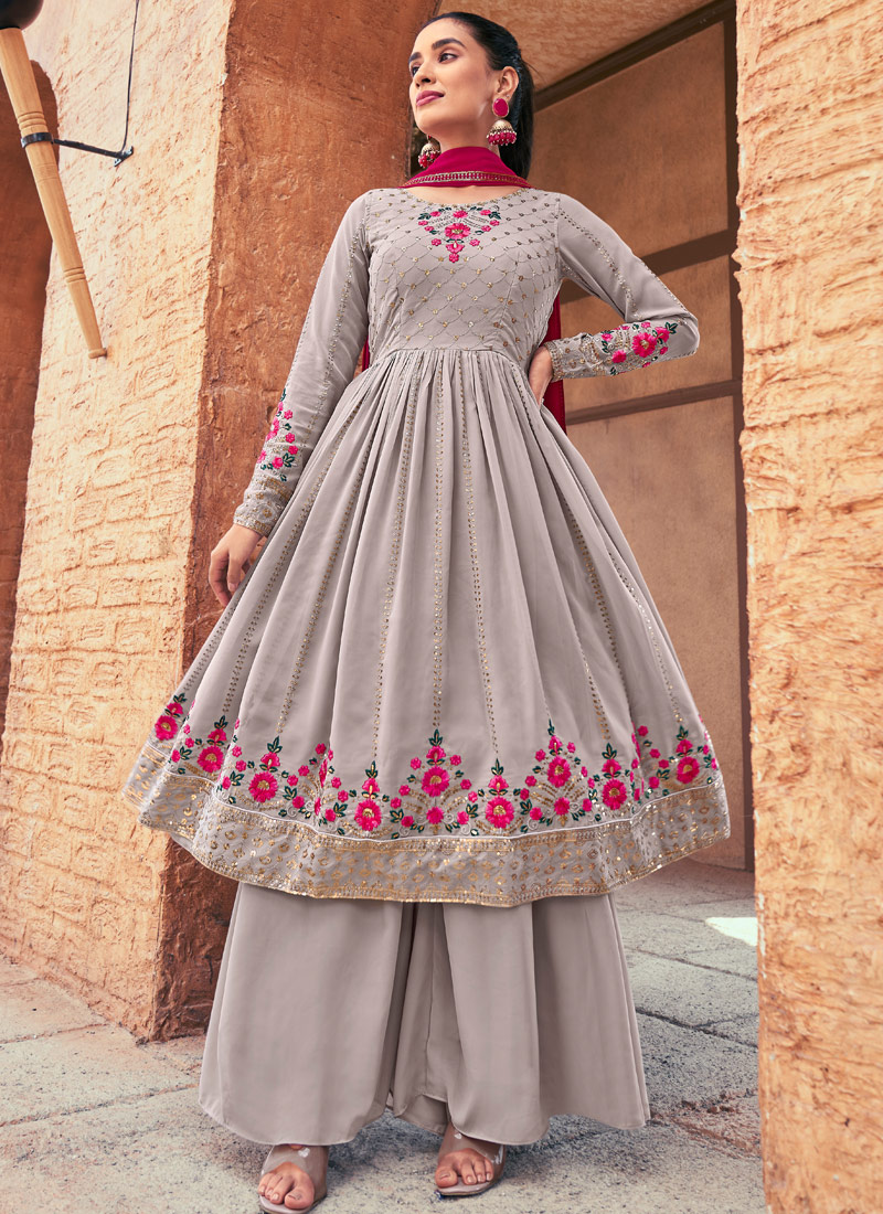 Grey Georgette Mirror Work Festive Wear Salwar Kameez