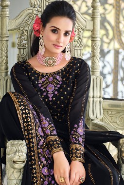 Dark Blue Georgette Embroidered Festive Wear Salwar Kameez