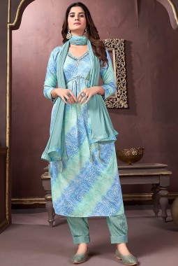 Blue Rayon Handwork Casual Wear Salwar Kameez
