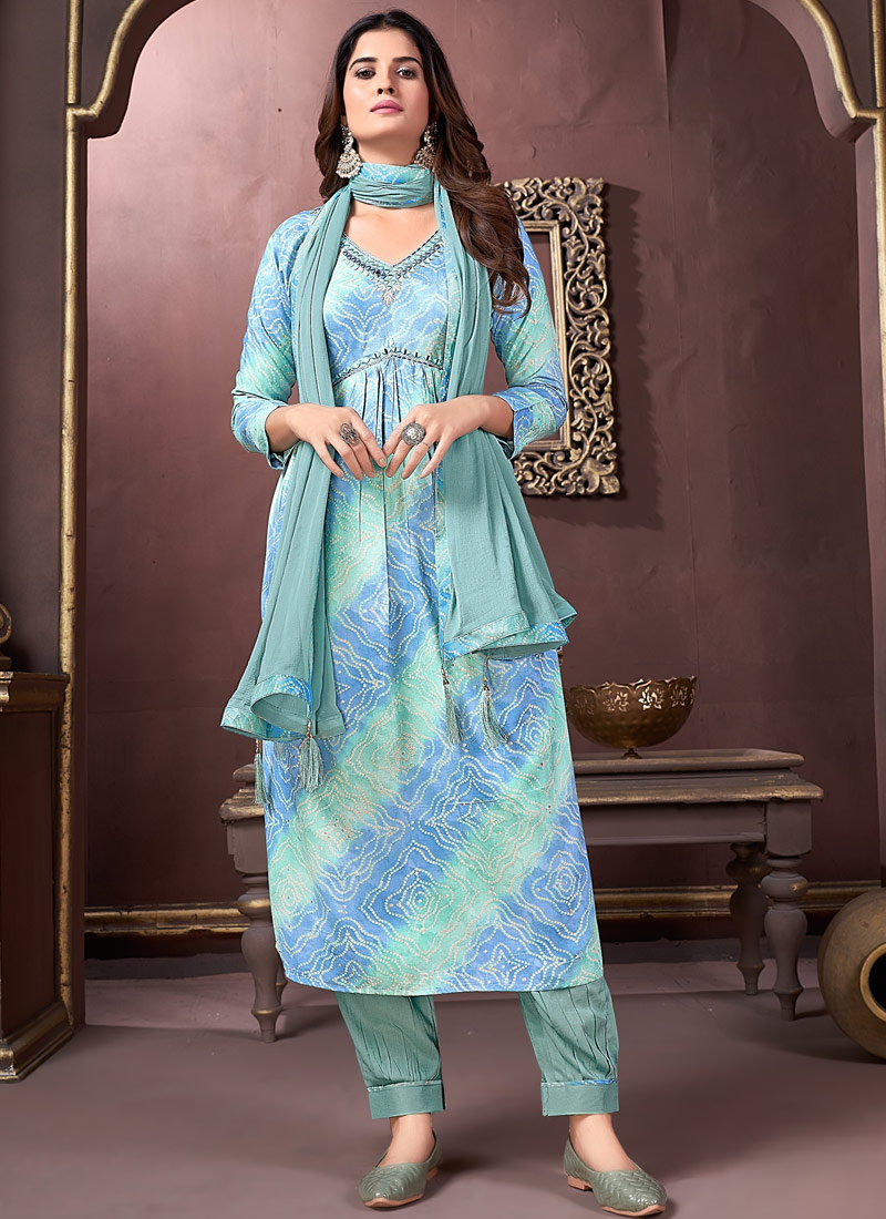 Blue Rayon Handwork Casual Wear Salwar Kameez