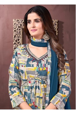 Blue Rayon Handwork Casual Salwar Kameez