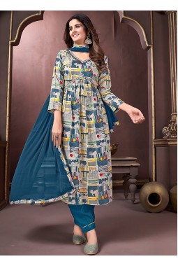 Blue Rayon Handwork Casual Salwar Kameez