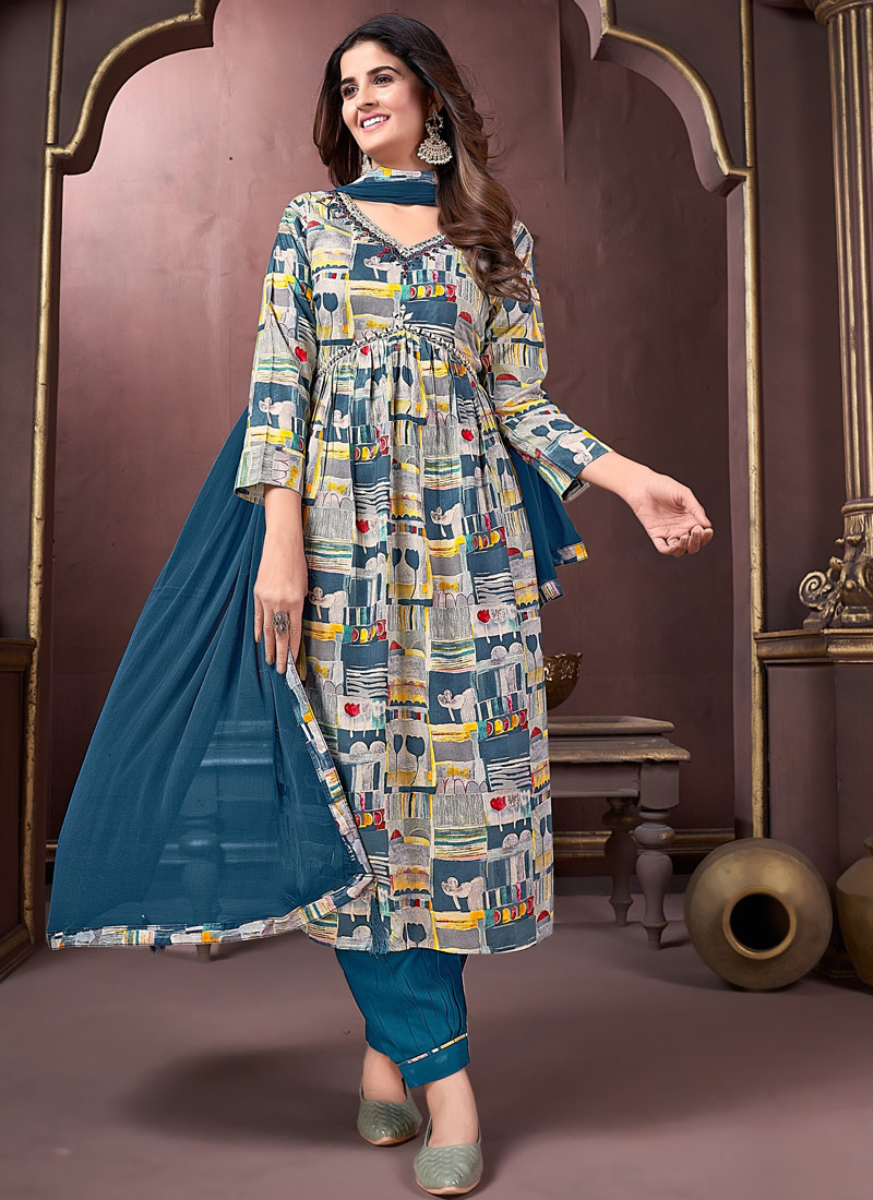 Blue Rayon Handwork Casual Salwar Kameez