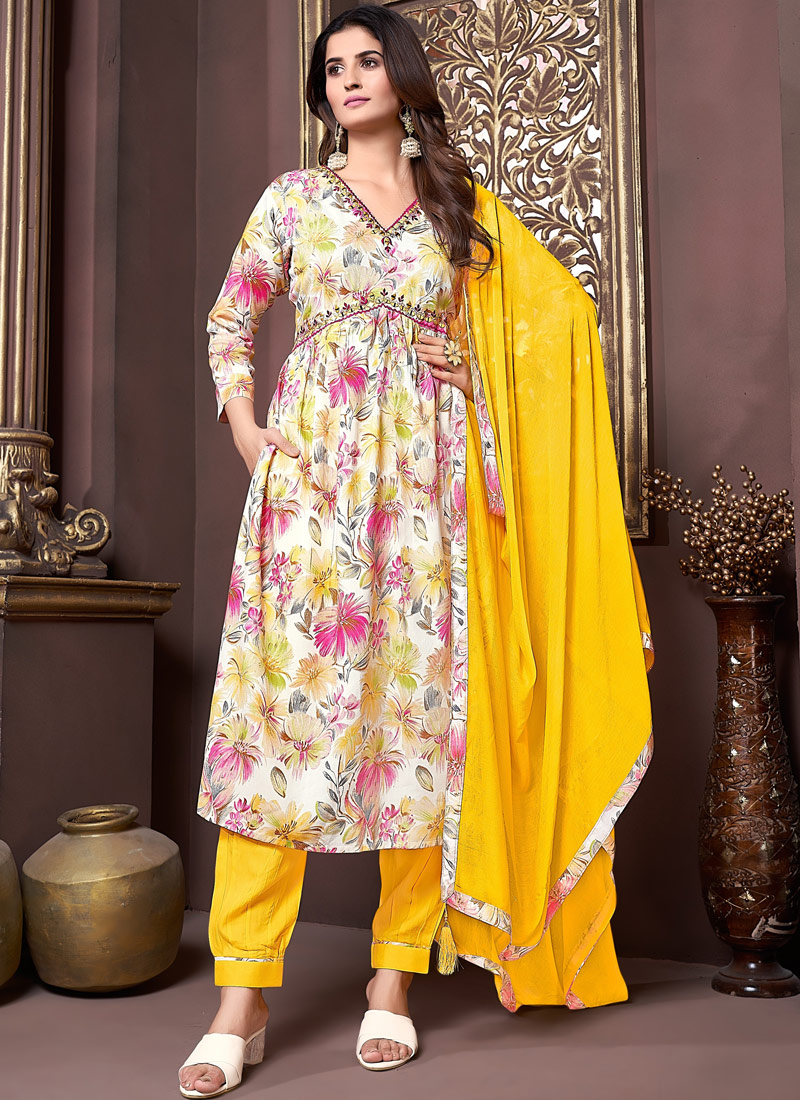 Elegant Yellow Rayon Handwork Casual Salwar Kameez for Effortless Style