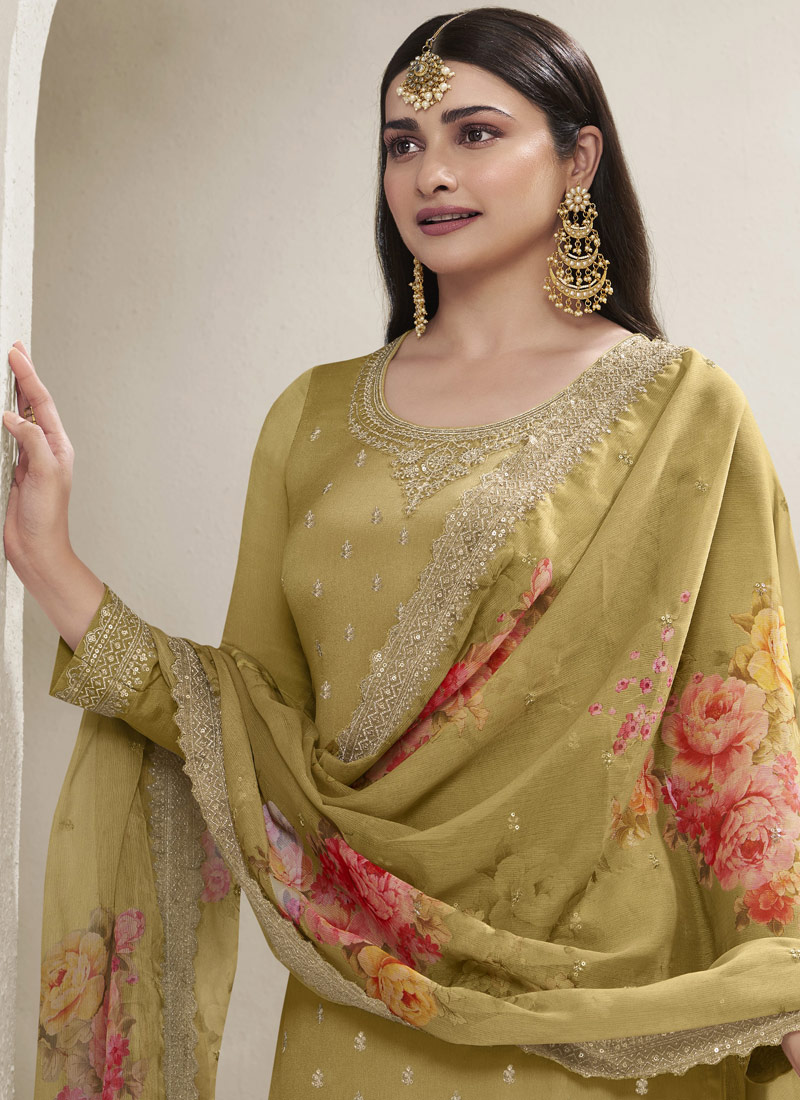 Green Viscose Chinon Embroidered Salwar Plazzo Set