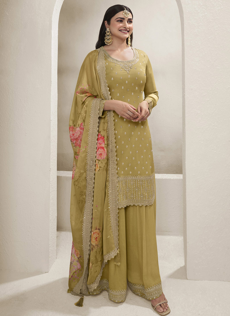 Green Viscose Chinon Embroidered Salwar Plazzo Set