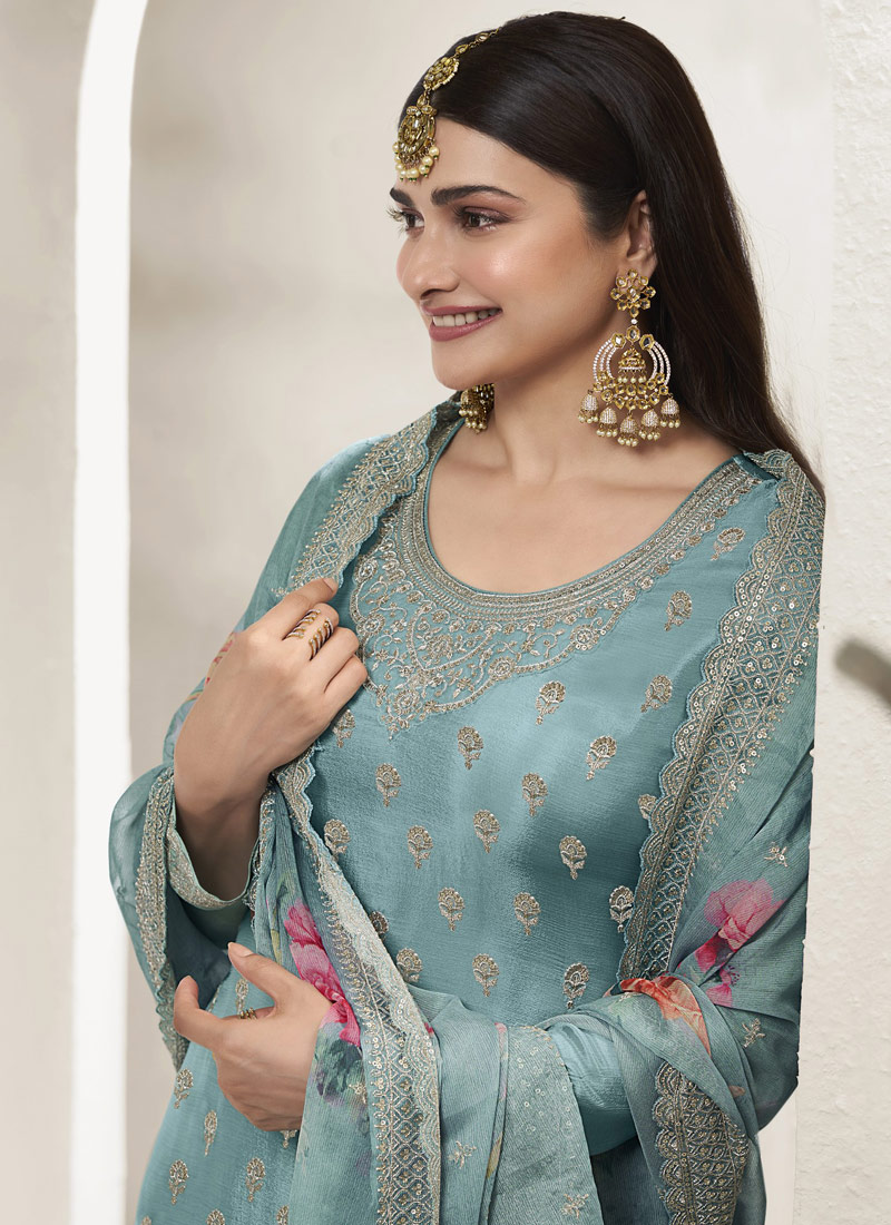 Blue Viscose Chinon Sequins Embroidered Salwar Plazzo Set