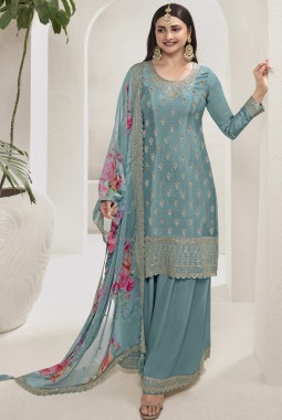 Blue Viscose Chinon Sequins Embroidered Salwar Plazzo Set