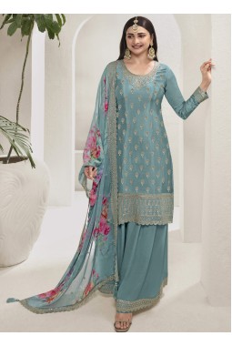 Blue Viscose Chinon Sequins Embroidered Salwar Plazzo Set