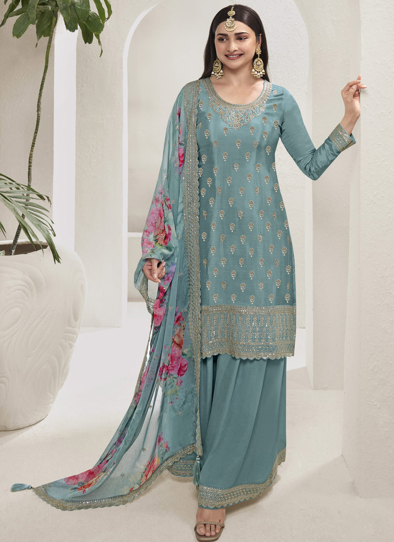 Blue Viscose Chinon Sequins Embroidered Salwar Plazzo Set