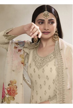 Off White Viscose Chinon Zari Work Salwar Plazzo Set