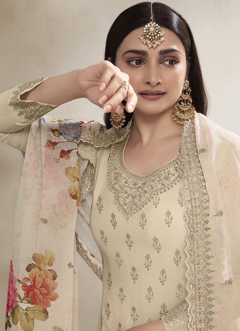 Off White Viscose Chinon Zari Work Salwar Plazzo Set