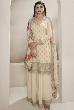 Off White Viscose Chinon Zari Work Salwar Plazzo Set