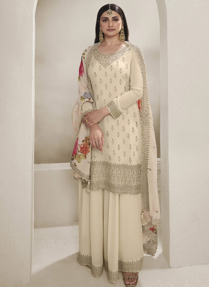 Off White Viscose Chinon Zari Work Salwar Plazzo Set