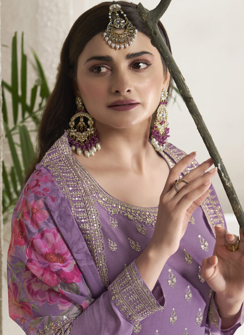 Purple Viscose Chinon Embroidered Salwar Plazzo Set