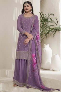 Purple Viscose Chinon Embroidered Salwar Plazzo Set