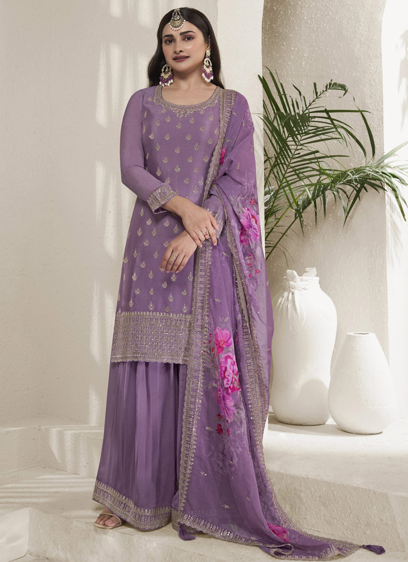 Purple Viscose Chinon Embroidered Salwar Plazzo Set