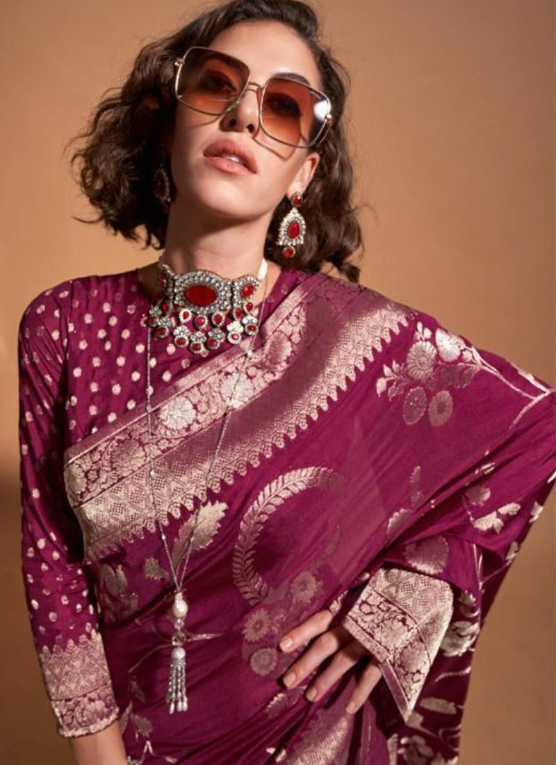 Wine Pure Georgette Handloom Weaving Silk Designer Saree