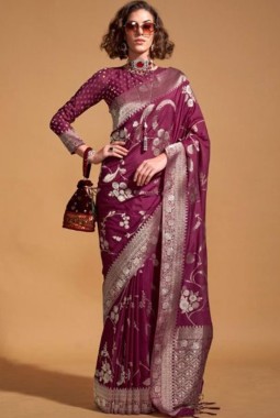 Wine Pure Georgette Handloom Weaving Silk Designer Saree